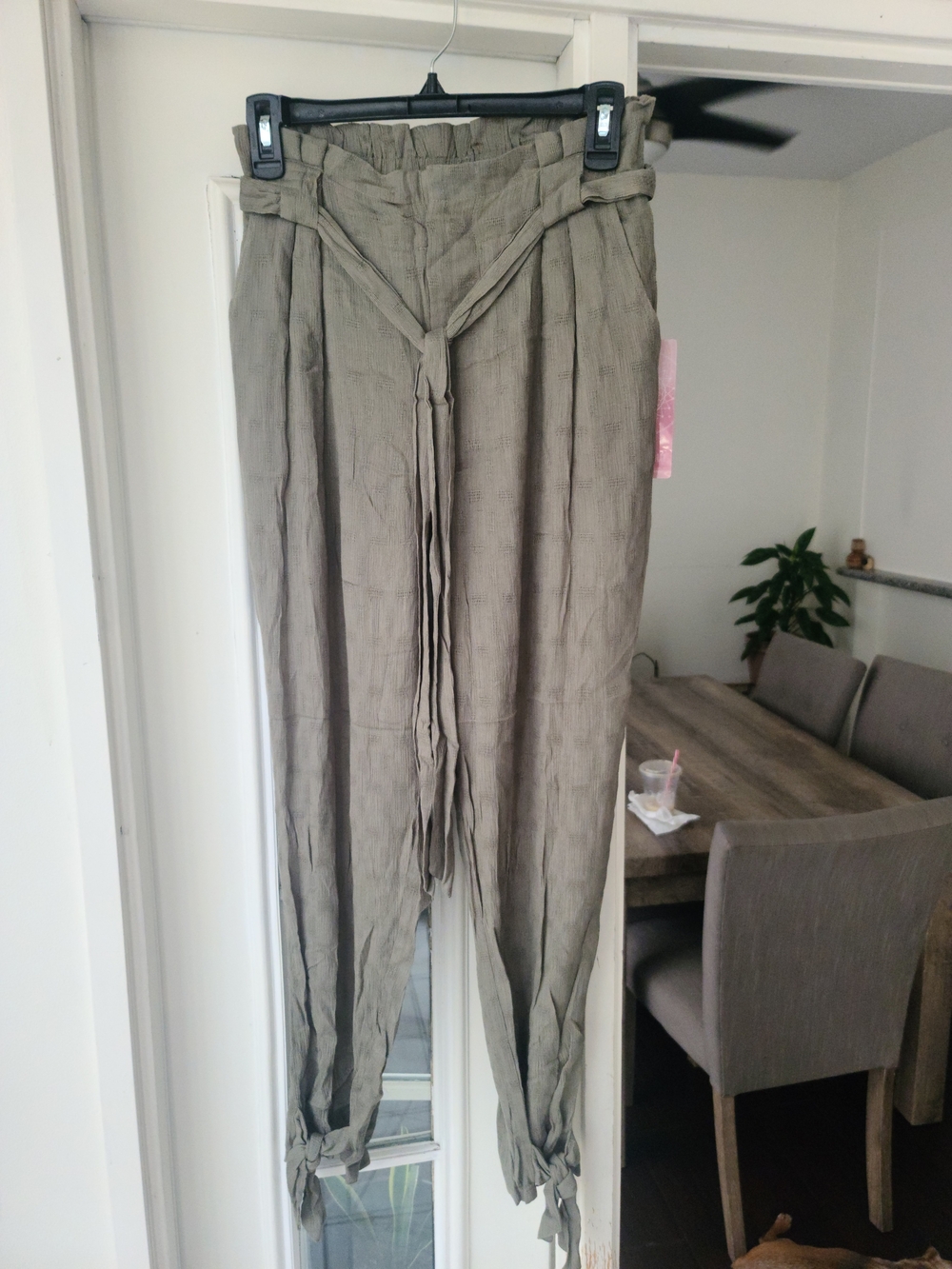 High-Waist Paperbag Drawstring Chinos — Olive Green